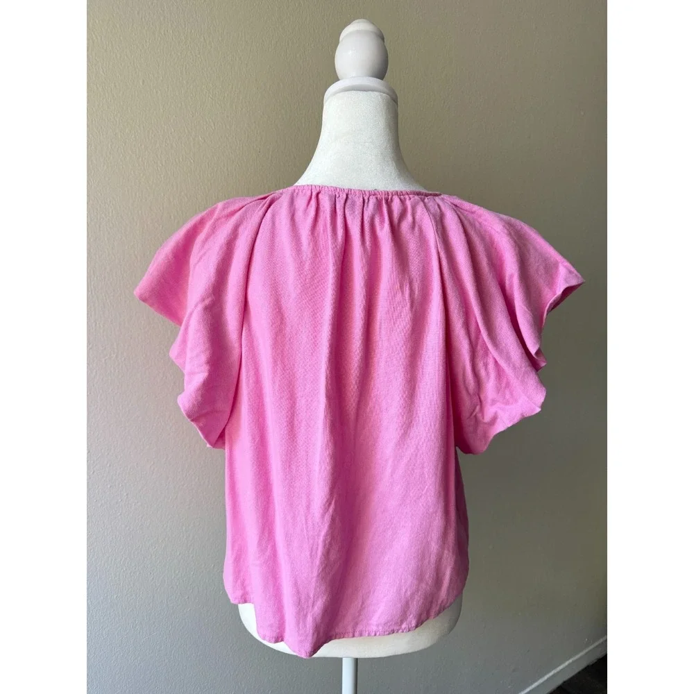 Marc New York Pink Womens S V-Neck Linen Blend Flutter Sleeve Preppy Chic Blouse